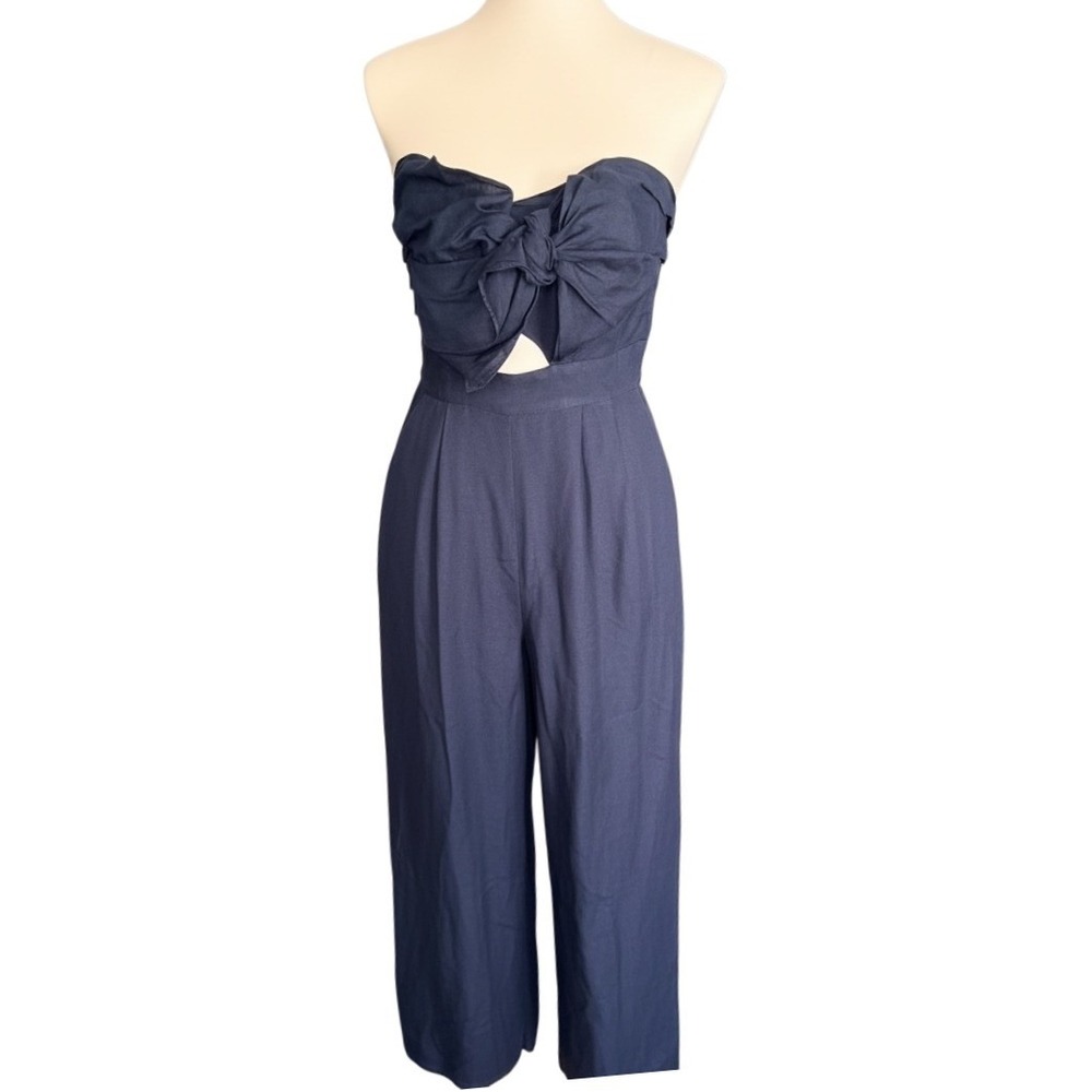 ASTR the Label Navy Blue Strapless Bow Cutout Wide Leg Jumpsuit ACP6366 Size S